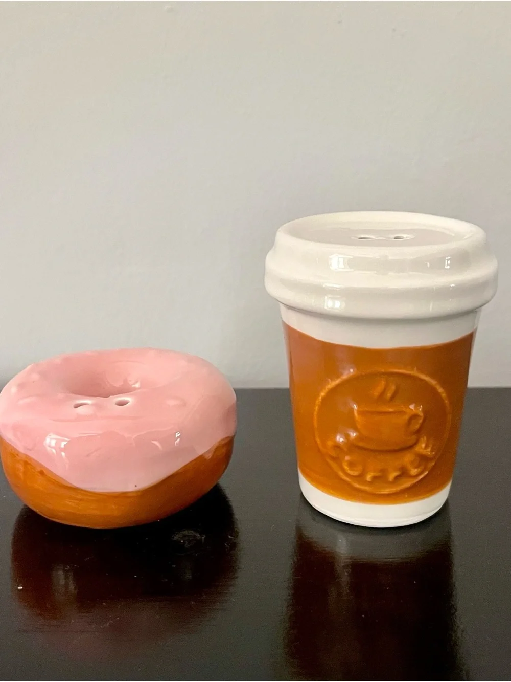 Salt & Pepper Set -Ceramic Coffee Cup & Donut - Pink and Orange